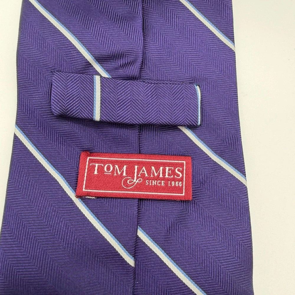 Tom James Tall Man Necktie Mens 63x3.25‎ Purple Striped Herringbone Silk USA